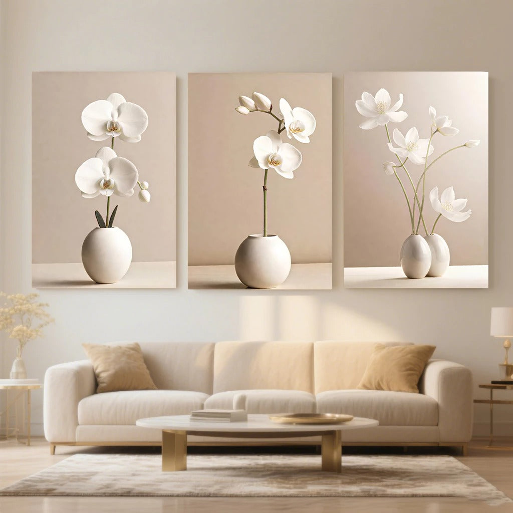 3 Quadros Decorativos Orquídeas Brancas Estilo Moderno 90x50cm