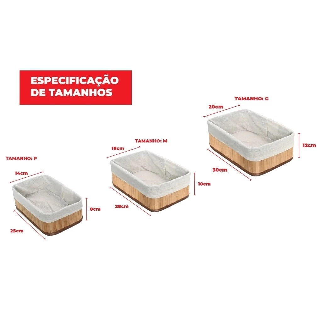 Kit 3 Cestos Organizadores de Bambu Multiuso com Forro