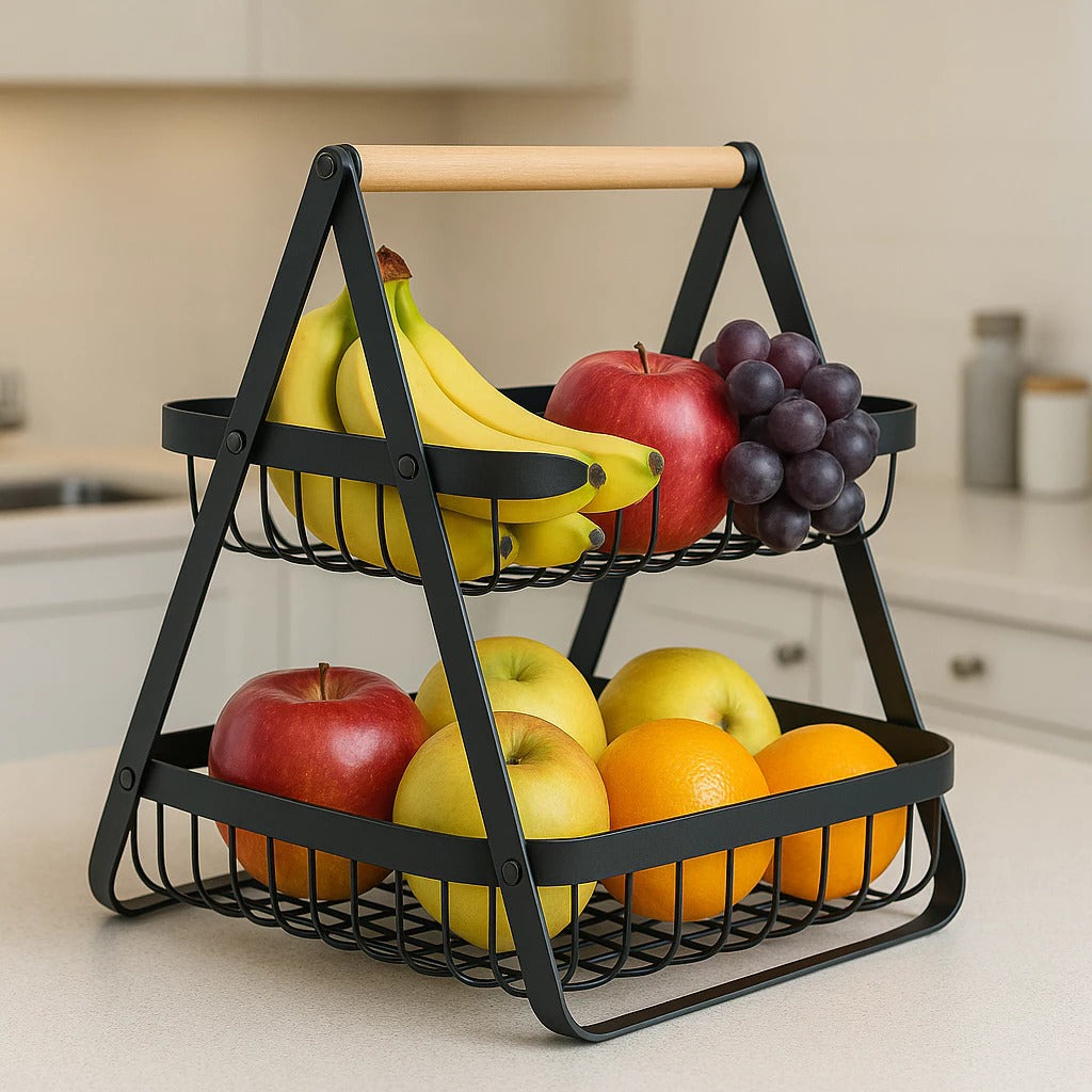 Fruteira de Mesa 2 Andares Ferro e Bambu