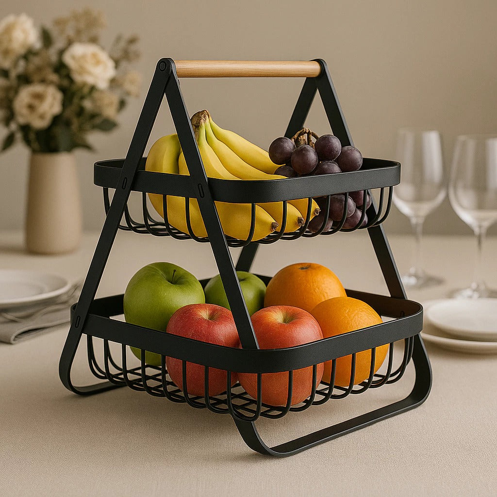 Fruteira de Mesa 2 Andares Ferro e Bambu