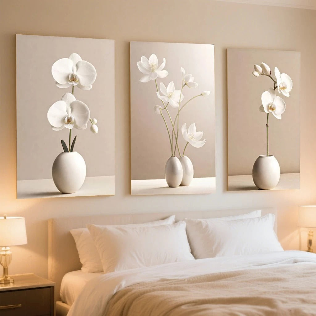 3 Quadros Decorativos Orquídeas Brancas Estilo Moderno 90x50cm