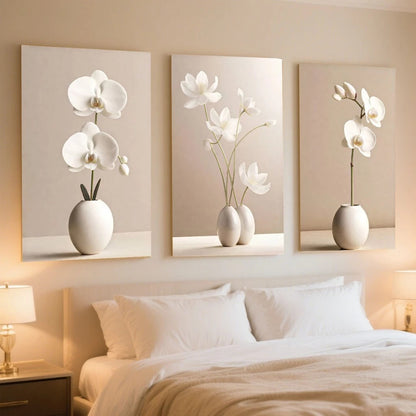 3 Quadros Decorativos Orquídeas Brancas Estilo Moderno 90x50cm