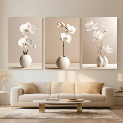 3 Quadros Decorativos Orquídeas Brancas Estilo Moderno 90x50cm