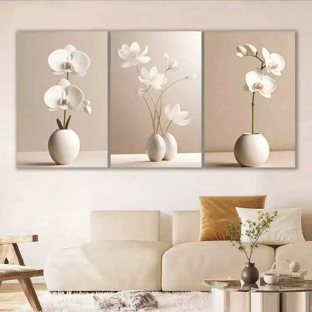 3 Quadros Decorativos Orquídeas Brancas Estilo Moderno 90x50cm